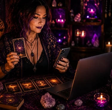 Cartas de tarot ao lado de smartphone em consulta tarot online por chat