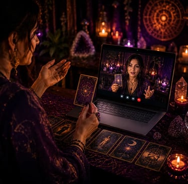 Tela exibindo atendimento esotérico em consulta tarot online por video chamada