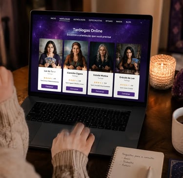Navegação em página de perfil escolhendo tarólogas online em site esotérico