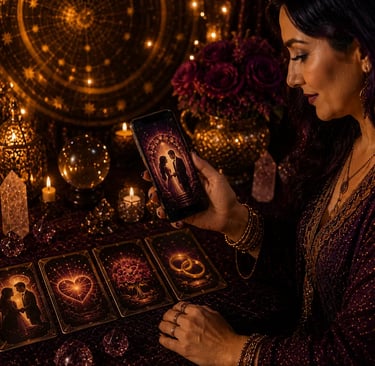 Taróloga online com cartas de tarot com foto de  alianças na mesa para leitura de tarot casamento