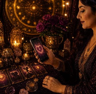Celular exibindo taróloga online com carta para leitura tarot amor whatsapp.