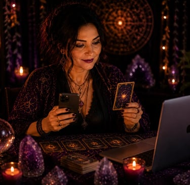 Mesa com baralho esotérico e celular para consulta de taróloga amor online whatsapp