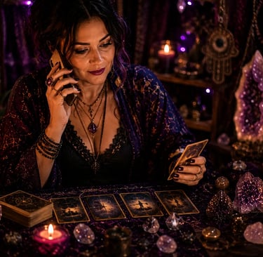 Cartas de tarot dispostas na mesa em consulta de taróloga consulta por telefone