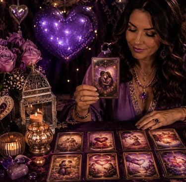 Mesa esotérica com cartas dispostas para consulta com taróloga do amor.
