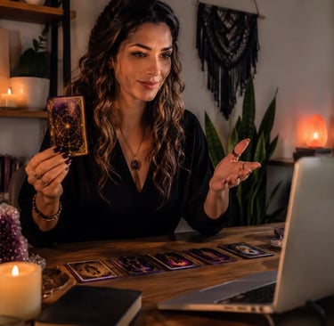 Cartas de tarot dispostas na mesa em atendimento de taróloga online consulta tarot