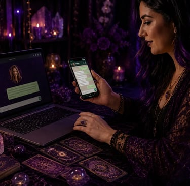 Mãos digitando em atendimento de taróloga online fazendo consulta via chat no WhatsApp