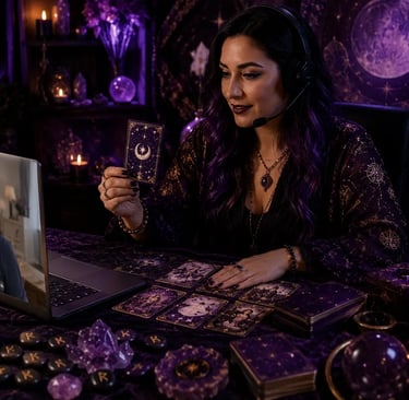 Taróloga online fazendo consulta virtual por videochamada com cartas de tarot