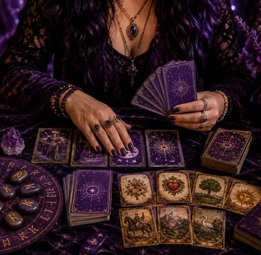 Mão de taróloga online organizando cartas de tarot, baralho cigano e runas