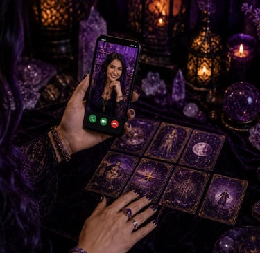 Mesa de atendimento com cartas de tarot e celular de taróloga online no WhatsApp