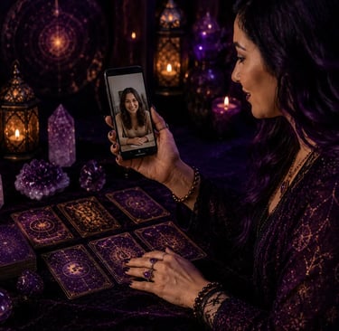 Mulher segurando smartphone na sala de estar enquanto realiza uma consulta com taróloga por whatsapp
