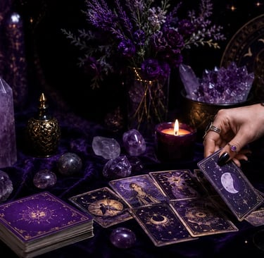 Mão de taróloga online segurando uma carta de tarot durante atendimento virtual.