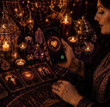 Mesa esotérica com cartas e celular em atendimento de tarot amor 24 horas whatsapp.
