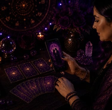 Cartas de tarot e celular na mesa em consulta de tarot do amor pelo whatsapp