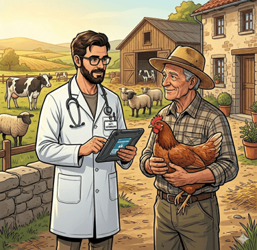Veterinario che parla con un allevatore all'interno di una azienda agrozootecnica