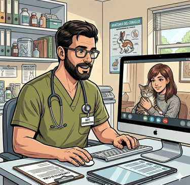 Immagine di un veterinario davanti ad un computer che offre una consulenza di telemedicina veterinar