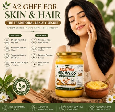 A woman with glowing skin posing next to a jar of Rajasthan Organics A2 Milk Bilona Ghee for skin and hair care.