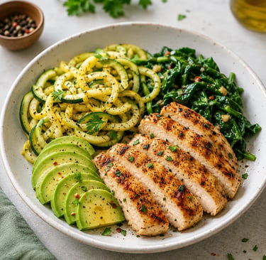 Grilled chicken breast bowl with zucchini noodles, sliced avocado, and sautéed spinach for a healthy keto meal.