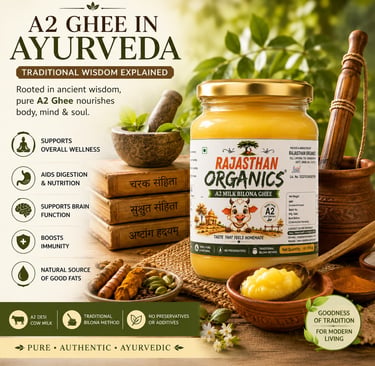 Rajasthan Organics A2 Milk Bilona Ghee jar surrounded by Ayurvedic herbs, spices, and traditional texts.