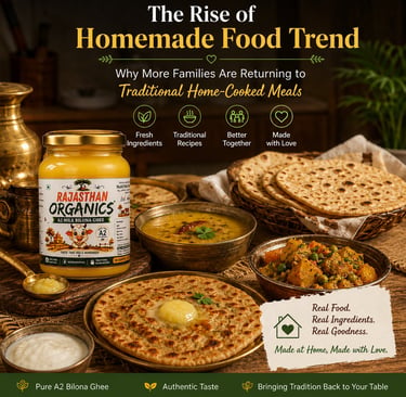 A jar of Rajasthan Organics A2 Milk Bilona Ghee served with traditional Indian dal, roti, and vegetable curry.