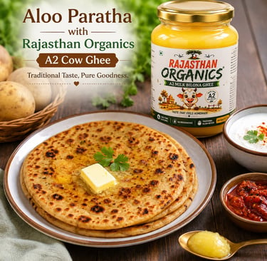 Aloo Paratha served with butter, Rajasthan Organics A2 Cow Ghee, spicy pickle, and yogurt.