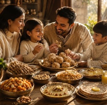 Happy family enjoying traditional winter foods such as gond laddoo, bajra roti, halwa, dry fruits, a