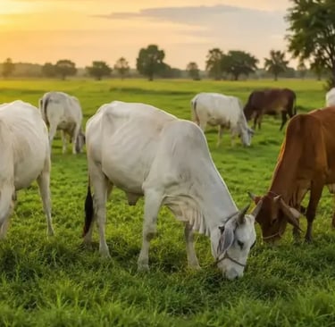 White and brown cows grazing in a lush green pasture field during a golden sunset.