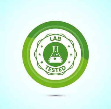 Green lab tested circular seal icon with a laboratory beaker for quality assurance certification.