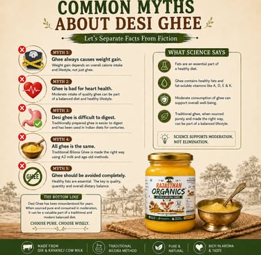 Infographic debunking common myths about desi ghee benefits and health facts for a balanced diet.