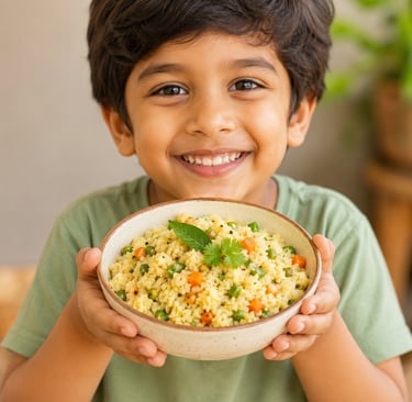 A smiling young boy holding a ceramic bowl of healthy vegetable upma with peas and carrots.