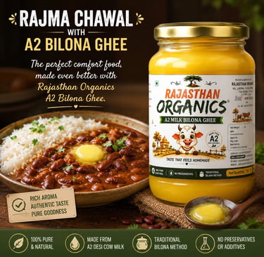 "Homemade Rajma Chawal served with Rajasthan Organics A2 Bilona Ghee, garnished with fresh coriander
