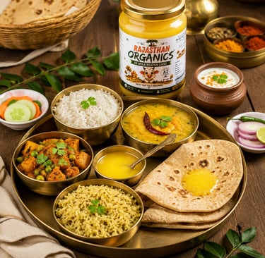 Traditional Indian thali featuring Rajasthan Organics A2 Bilona Ghee with dal, rice, and roti.