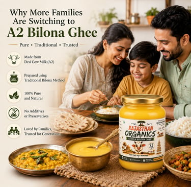 A happy family enjoying a meal with Rajasthan Organics A2 Bilona Ghee made from pure desi cow milk.