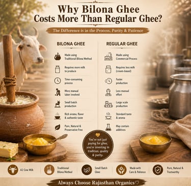 Comparison chart showing why traditional Bilona ghee costs more than regular commercial ghee products.