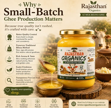 Premium Rajasthan Organics A2 Bilona Ghee jar representing small-batch ghee production, traditional