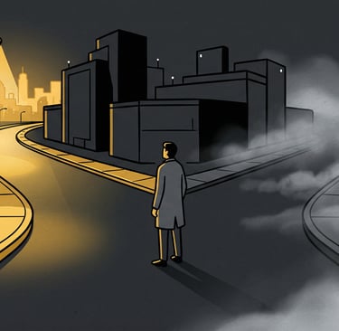 A man stands at a crossroads choosing between a bright illuminated city path and a dark foggy road.