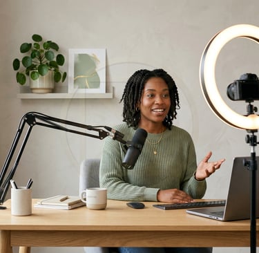 A woman recording a video podcast at a desk with a ring light, microphone, and laptop.