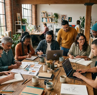 Diverse creative team collaborating on a project in a modern, open-plan office workspace.