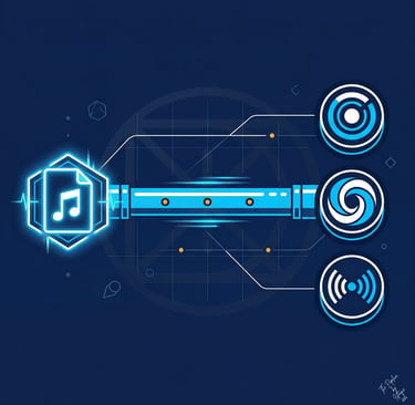 Digital illustration of an audio file being distributed through multiple platforns. 