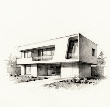 A professional architectural hand-sketch on off-white textured paper, showing the fluid lines of a residential concept. Graphite and charcoal tones with lots of white space.