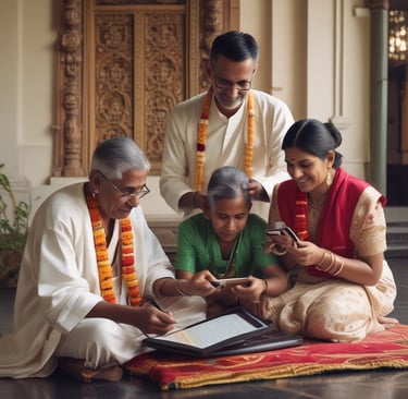 A family managing temple subscriptions with ease on tablet device.