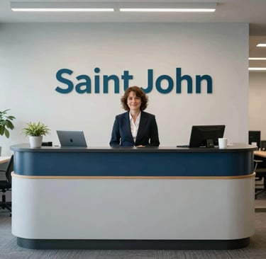 A professional and welcoming non-profit office reception in Saint John, Canada. The interior design is modern, with a clean palette of light grey, navy, and teal, reflecting trust and accessibility.