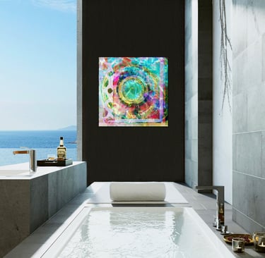 Modern luxury bathroom with ocean view featuring colorful contemporary mandalaabstract wall art