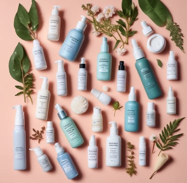 A close-up of popular skincare products from brands like Cosrx and The Ordinary arranged on a soft pastel background.