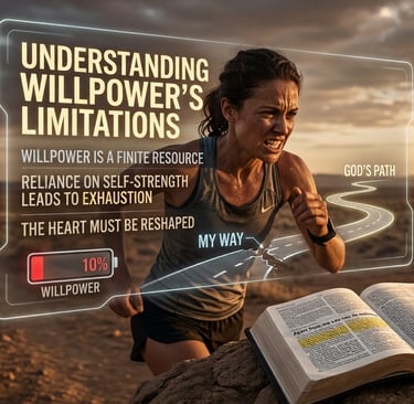 A female runner on a desert path with a digital display about willpower limitations and an open Bible.