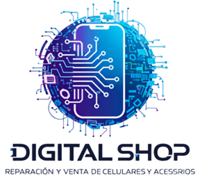 Logotipo de la marca Dgital Shop de un celular con circuitos en un globo terraqueo
