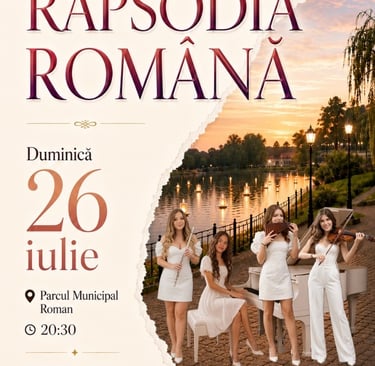 Poster for Rapsodia Romana at Luminos Fest featuring Nostalgy Ladies quartet by a lake.