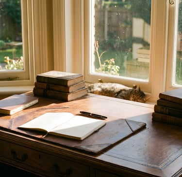 Antique wooden desk with open journal, fountain pen, and stacks of old books by a sunny window.