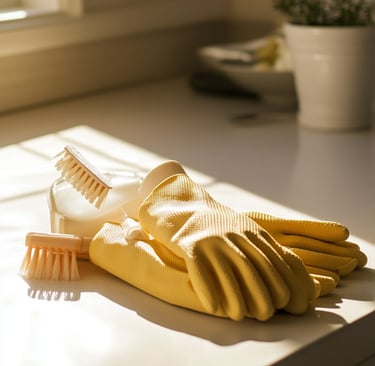 Produits et accessoires de nettoyage utilisés pour une prestation de ménage à domicile