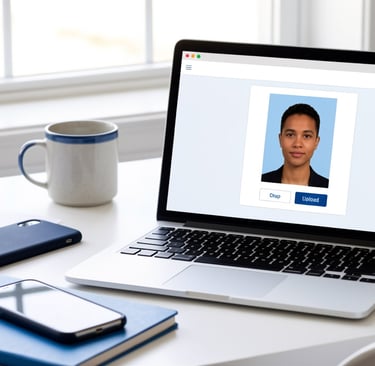 Person cropping a passport photo for online upload on a laptop