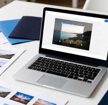 Person cropping an image on a laptop without cutting off important details before upload
